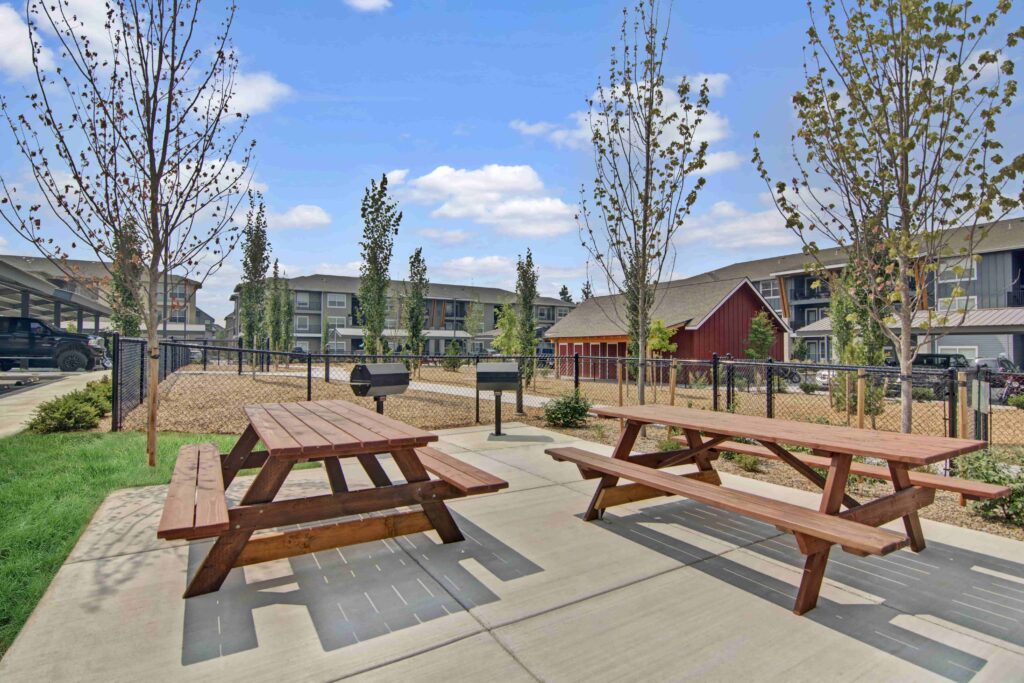 Outdoor seating area with wooden picnic tables on concrete patio, surrounded by trees