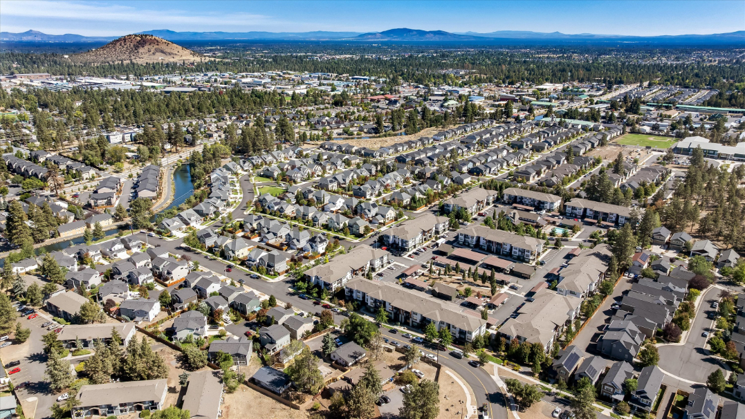 Aerial view of a suburban neighborhood with rows of houses, tree-lined streets, a small canal, and a distant mountain under a clear blue sky.